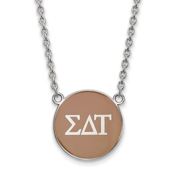 Sterling Silver Sigma Delta Tau Large Lt Brown Enamel Disc Necklace - Picture 1 of 4
